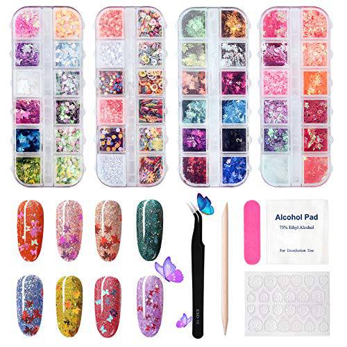 Holographic Butterfly Heart Glitter Nails Sequins, Nail Art Maple Leaves, 48 Colors Nail Sparkles Acrylic for Cosmetic Face Eyes Body Decoration, Nails Tool Kit