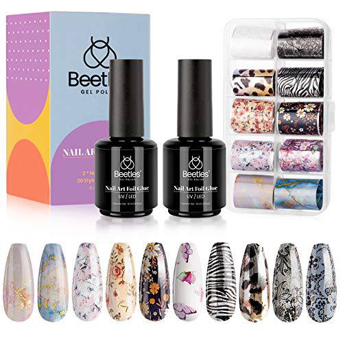 Beetles Nail Art Foil Glue Gel with Stickers Set Nail Transfer Glues 15ML Manicure Art DIY Nail 10PCS Animals Flowers butterfly Stickers, Nail Dryer Curing Lamp Required Soak Off