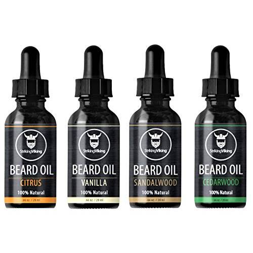Striking Viking Beard Oil 4 Pack - Softening and Conditioning Beard Oil for Men - Citrus, Vanilla, Sandalwood, & Cedarwood Variety Scents - Enriched with Argan, & Jojoba Oils
