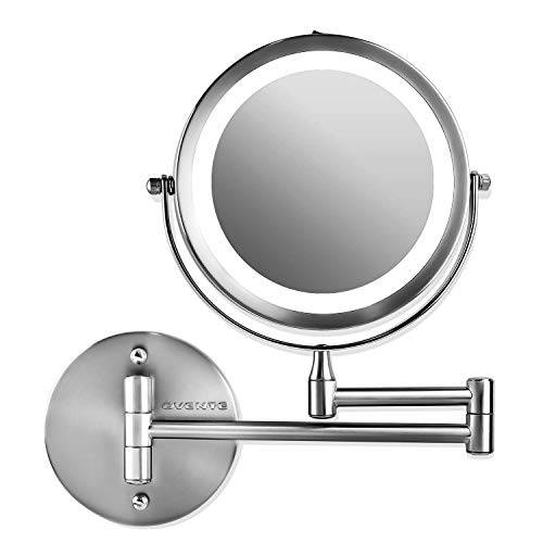 Ovente 6.8 Lighted Wall Mount Makeup Mirror, 1X & 10X Magnifier, Adjustable Double Sided Round LED, Extend, Retractable & Folding Arm, Compact & Cordless, Battery Powered Polished Chrome MFW70CH1X10X