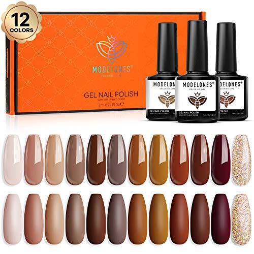 modelones Gel Nail Polish Kit, 12 Pcs All Seasons Skin Tones Popular Neutral Color Gel Polish Set, Nude Brown Gel Nail Kit Collection for Nail Art Salon Classic Collection Gift for Women