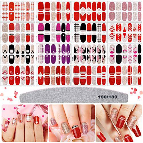 16 Sheets Full Wrap Nail Polish Stickers Self-Adhesive Full Cover Nail Art Stickers Nail Decal Strips with Nail File for Women Girls Birthday Wedding Nail Art Decoration