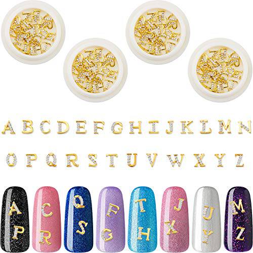 104 Pieces Letter Nail Studs 3D Capital Letters and Rhinestone Crystal Nail Decals English Alphabet Nail Design Decoration for Women Girls DIY Nail Design (Gold)
