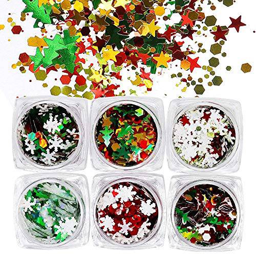 Ouflow 6 Boxes Christmas Nail Glitter Art Decals, Holographic Snowflake Christmas Tree Star Sequins Nail Stickers for Acrylic Nails DIY Nail Art Xmas Decoration