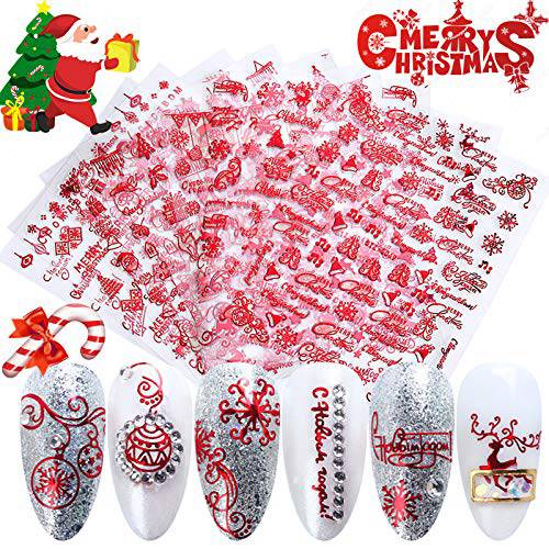 Christmas Nail Stickers - 3D Red Self Adhesive Nail Decals Winter Snowflake Xmas Snowman Santa Claus Elk Bell Sock Christmas Tree Nail Art Decals DIY Nail Decoration for Christmas Party (9 Sheets)