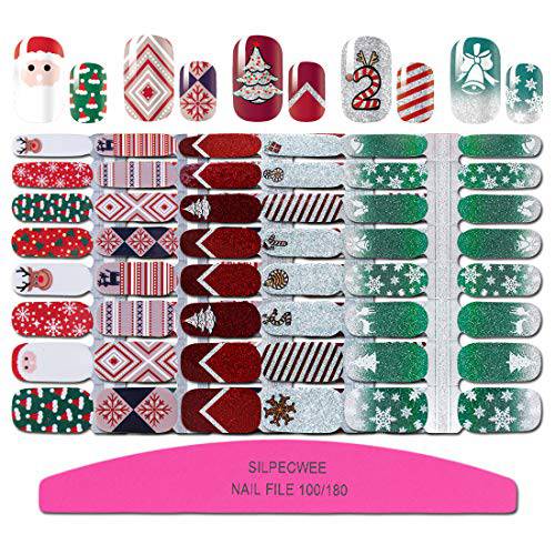 SILPECWEE 5 Sheets Christmas Nail Polish Stickers Decals Full Nail Wraps for Women Holiday Stick on Nail Polish Strips Self Adhesive Gel Nail Strips Nail Art Accessories with Nail File
