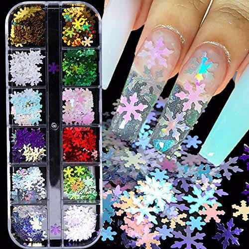 Snowflake Glitter Nail Sequins - 12 Grids 3D Colorful Christmas Holographic Nail Flakes Glitter Confetti Sticker Decals Manicure Nail Design Makeup DIY Decoration