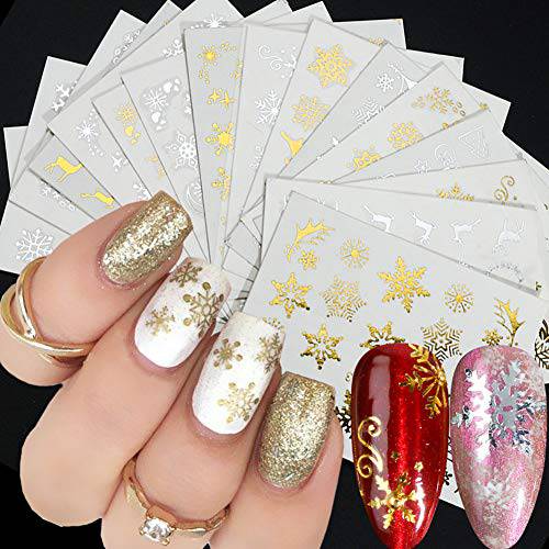 Christmas Nail Art Stickers Christmas Nail Gold Silver Snowflakes Nail Stickers Water TransferDecals Christmas Nail Art Decorations 3D Charms Designs Manicure 16 Sheets
