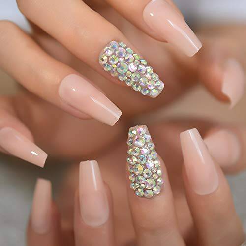 CoolNail Natural Nude Coffin Stiletto False Nail Tips 3D AB Diamond Acrylic Ballerina Full Cover UV Press On Fake Nails with Sticker Tape