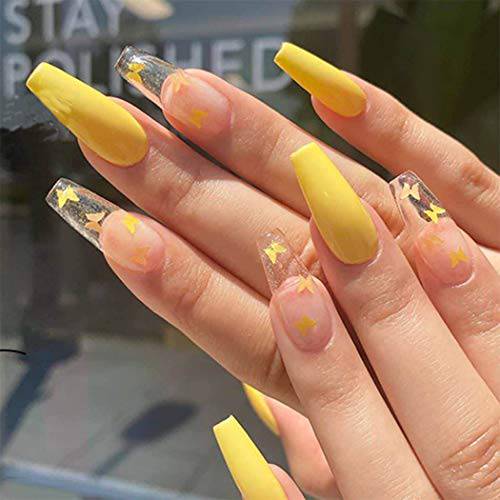 Yovic Glossy Long Fake Nails Yellow Butterfly Press on Nails Coffin Full Cover False Nails for Women Girls(Yellow)