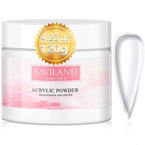 Saviland Clear Acrylic Powder 4.23oz - Professional Crystal Polymer Clear Nail Powder Acrylic Nail System for Acrylic Nails Extension Large Capacity No Need Nail Lamp