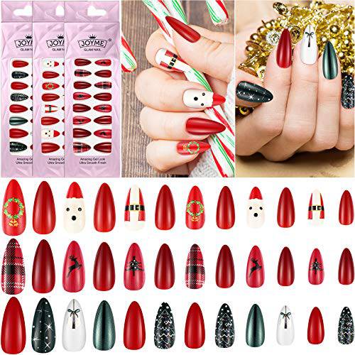 72 Pieces Christmas Fake Nails Artificial Fake Stiletto Fingernails Artificial Full Cover Fingernails with Cute Snowflakes Christmas Trees and Elks for Nail Decoration, 12 Sizes (Cute Pattern)