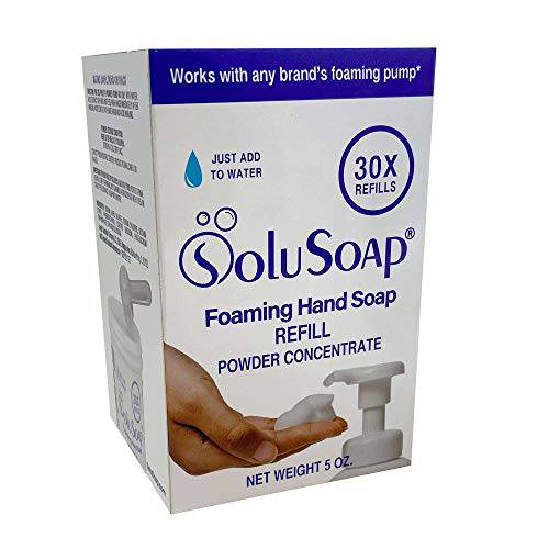 SoluSoap Makes 30 bottles or 2 Gallons of Premium Foaming Hand Soap, Fragrance Free, Fast Dissolve, Immediate Use Foaming Hand Soap Refill Powder Concentrate. Use 97% less Plastic. Paraben Free.