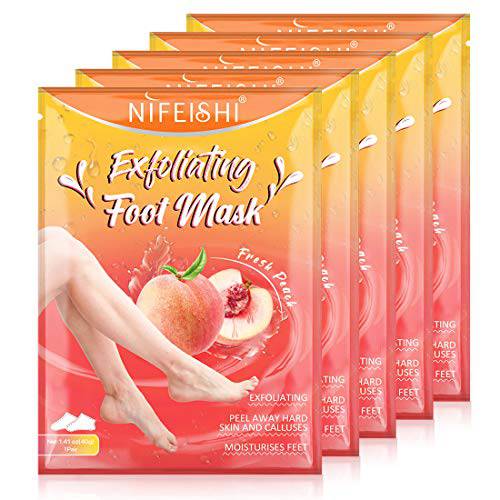 Foot Peel Mask 5 Pack, Peach Soft Callus Peeling Dead Skin Remover Exfoliating Socks Dry Rough Heels Treatment Beauty Feet Mask Natural for Men and Women