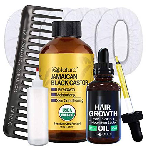 IQ Natural Jamaican Black Castor Oil for Hair Growth and Skin Conditioning, 100% Pure Cold Pressed, Scalp, Nail and Hair Oil - (1 COMPLETE KIT))