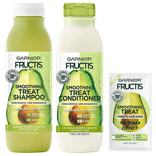 Garnier Haircare Fructis Smoothing Treat Shampoo and Conditioner, 98 Percent Naturally Derived Ingredients, Avocado, Frizzy Hair, W/Mask Sample, 1 Kit (Packaging May Vary)