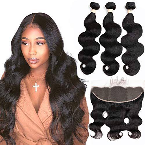 Beauhair Body Wave Bundles with Frontal Human Hair Bundles with Lace Frontal (20 22 24+18, Natural Black) Brazilian Body Wave Hair Virgin Hair Ear to Ear 13x4 Frontal with 3 Bundles