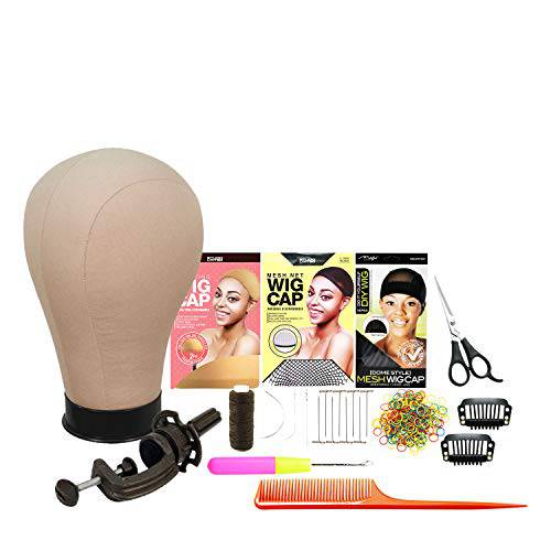 Studio Limited Canvas Block Head DIY Wig Making Starter Kit 12pcs, Long Neck (12), Mannequin Head Wig Display and Stand for Wig Styling (24’’ Set)