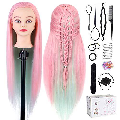Training Head, TopDirect 29 Colorful Hair Mannequin Manikin Head Cosmetology Doll Head Practice Styling Hairdressing Training Braiding Heads with Clamp Holder and Tool Set