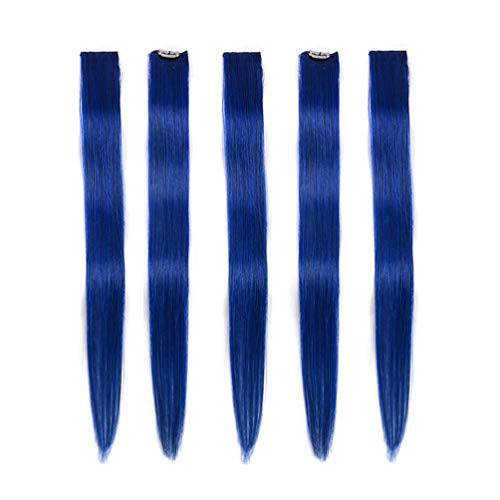 Winsky Blue Clip in Hair Extensions 100% Real Human Hair - Straight Highlights Colored Clip on Christmas Hairpieces 5 Pieces/Set (18inch, Blue)