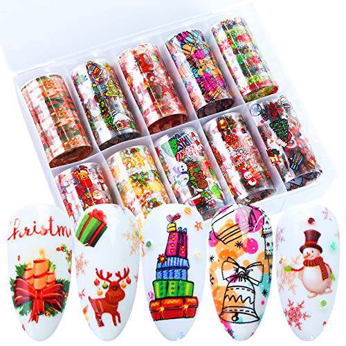Christmas Nail Foil Transfer Stickers 10 Rolls Snowman Santa Tree Gift Decals Winter Xmas Decorations Sliders Manicure Tips Accessories Colorful Starry Sky Nail Foils for Women DIY Nail Art Designs