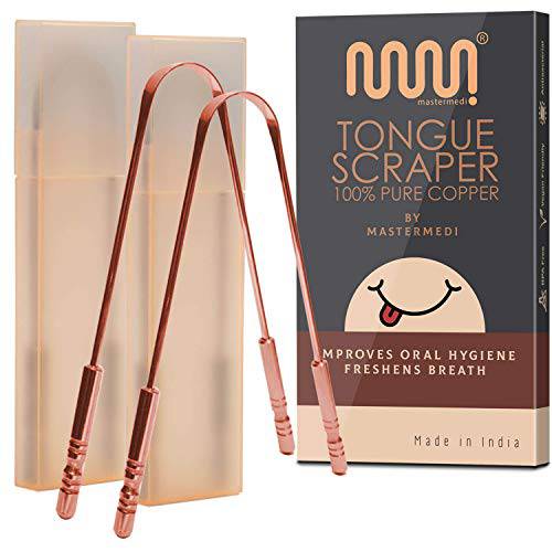 Natural Copper Tongue Scraper for Adults with Travel Case (2 Pc), Easy to Use Tongue Cleaner, 100% Copper Tongue Scraper Ayurvedic, Bad Breath Treatment Travel Essentials for Oral Care
