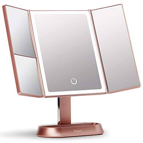 Fancii Makeup Mirror with Natural LED Lights, Lighted Trifold Vanity Mirror with 5X & 7X Magnifications - 40 Dimmable Lights, Touch Screen, Cosmetic Stand - Sora (Rose Gold)