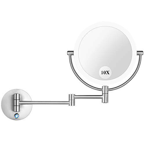 AmnoAmno Vanity Mirror 8.5 LED Double Sided Swivel Wall Mount Makeup Mirror with 10x Magnification,13.7 Extension,Touch Button Adjustable Light,Suitable for Bedroom or Bathroom