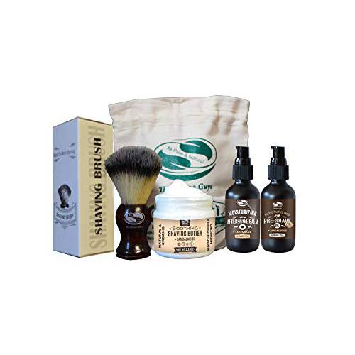 Sandalwood Shaving Kits For Men - Includes Shaving Butter, Pre Shave Oil, Aftershave Balm & Shaving Brush, Shaving Kit For Sensitive Skin - Gifts For Him