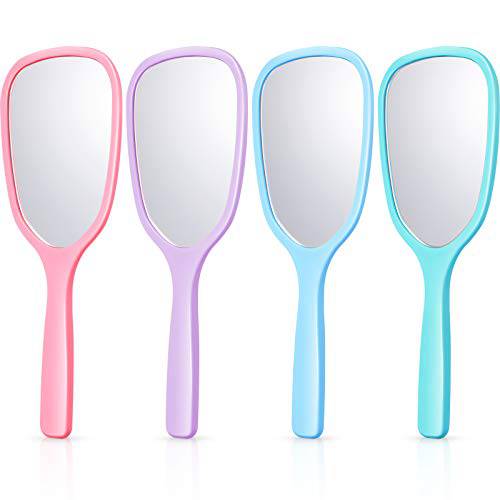 4 Pieces Handheld Hand Mirror Makeup Hand Mirrors with Handle Travel Makeup Mirror Handheld Cosmetic Mirror Portable Vanity Mirror Makeup Tool for Travel, Camping, Home, 7 Inch Long, 4 Colors