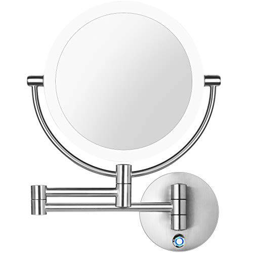 AmnoAmno LED Wall Mount Makeup Mirror with 10x Magnification,8.5’’ Double Sided 360° Swivel Vanity Mirror with 13.7 Extension and Adjustable Light for Bathroom or Bedroom