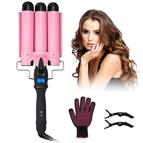 3 Barrel Curling Iron - FlyBeBe Hair Waver Crimper Hair Iron, Beach Waves Curling Iron 1 Inch Ceramic Tourmaline Curling Wand, Dual Voltage Hair Crimper with LCD Temperature Display