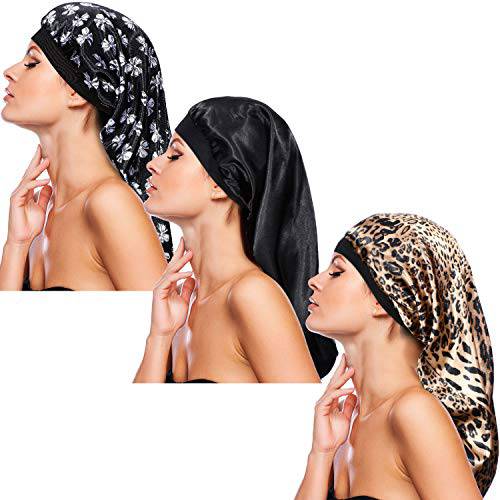3 Pcs Long Satin Bonnet Sleep Cap Large Silk Hair Night Sleep Hat For Women Long Curly Hair Braids (Bow Leopard Pattern)