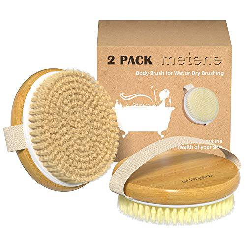Metene 2 Pack Bamboo Dry Body Brushes, Shower Brush Wet and Dry Brushing, Dry Brush for Cellulite and Lymphatic, Body Scrubber with Soft and Stiff Bristles, Suitable for All Kinds of Skin