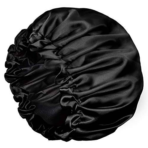 Satin Bonnets, Adjustable satin bonnets for women, Double Layer Large Sleeping Silk Bonnet, Soft Sleep Bonnet For Women Girls Curly Natural Hair Night Sleep Cap(Black)
