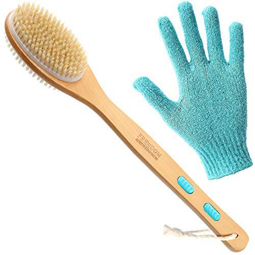FREEDOM GOODS Back Scrubber for Shower (Dual Sided), Long Handled Shower Brush, Dry Brushing Body Brush (Hard and Soft Bristles), Body Scrubber Shower and Bath Brush with Exfoliating Glove Men Women