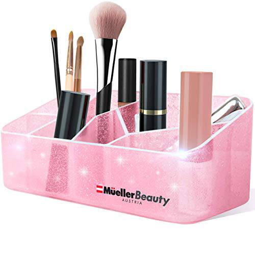 Makeup Organizer Countertop, Cosmetic and Jewelry Storage Organizer, Stylish Divided Beauty Display Case, for Vanity, Bathroom or Dresser, Pink Sparkle