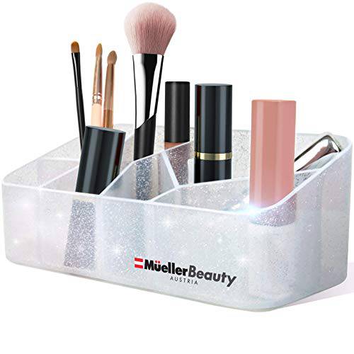 Mueller Beauty Makeup Organizer for Vanity Countertop, Cosmetic and Jewellery Storage Organizer, Stylish Divided Beauty Display Case, Bathroom or Dresser, White