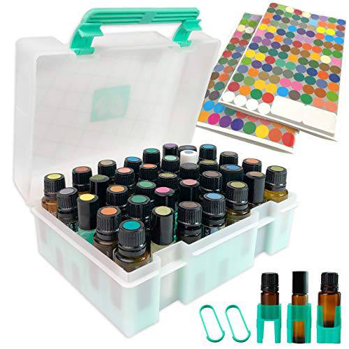 Essential Oil Storage Case Carrying Oil Organizer Holder Hard Shell Box With Handle For Travel Protects 35 Bottles from Leaks and Breakage - Holds 5ml, 10ml and 15ml Oil Bottles Snugly, 200 Labels included (Bottles Not Included)