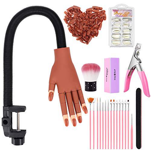 Nail Practice Hand for Acrylic Nails, Flexible Adjustable False Fake Nail Training Mannequin Hand Model-Nail Technician Manicure Supply with Full Cover Tips, File, Brushes and Clipper