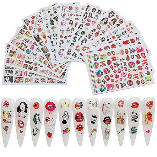Macute 12 Sheets Nail Art Stickers Lip Nail Decals 3D Self Adhesive Nail Stickers Designer Nail Decal Nail Accessories Streets Sexy Red Lips Beauty Series Nail Stickers for Women Lady Girls