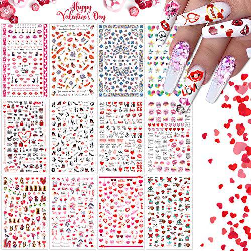 EBANKU 12 Sheets Valentine’s Day Nail Art Stickers Decals, Heart Roses Multiple Design Nail Art Stickers Self-Adhesive Nail Stickers Decoration for Women Girls Dating Nail Art