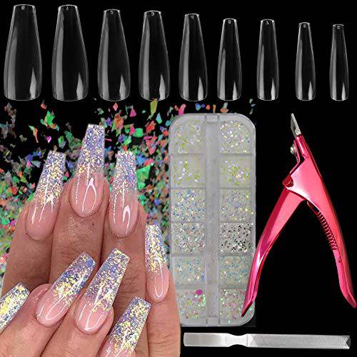 LoveOurHome 500pc Clear Coffin Fake False Nails Ballerina Acrylic Nail Tips Full Cover 10 Sizes with Clipper Scissors Iridescent Glitter Flakes Supplies Kit for Manicure Fingernail Designs