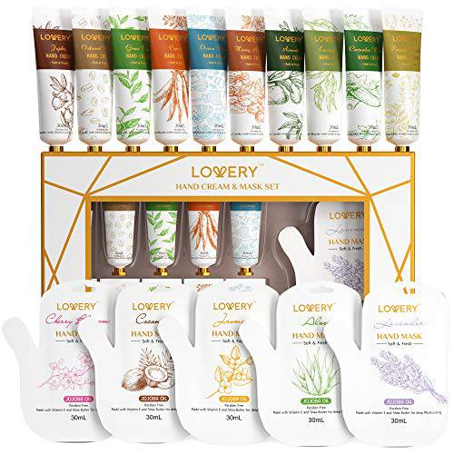Christmast Hand Cream and Hand Mask Gift Set - 10 Scented Moisturizing Hand Lotions & 5 Deep Conditioning Hand Masks- Shea Butter, Vitamin E and Jojoba Oil - Gifts for Women, Men, Mom, and Birthday