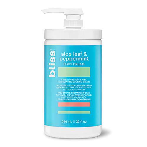 Bliss Aloe Leaf & Peppermint Foot Cream | Super Softening AHA Exfoliating Cooling Cream | Exfoliator & Moisturizer | Vegan | Cruelty Free | Paraben Free | 32 oz