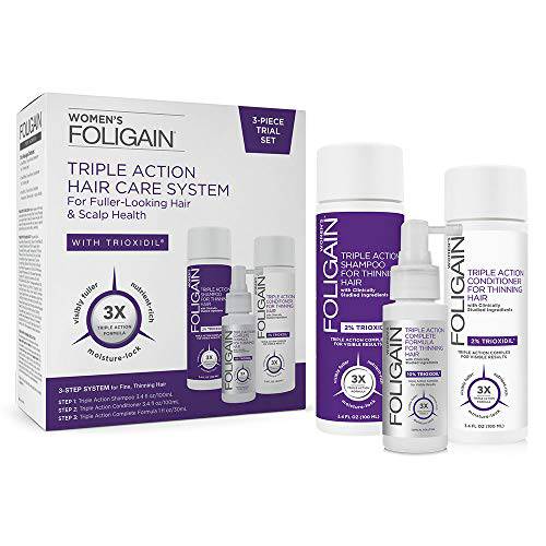 Foligain Triple Action Hair Care System For Women, Revitalizing Hair Products for Thinning Hair, 3 Piece Travel Set