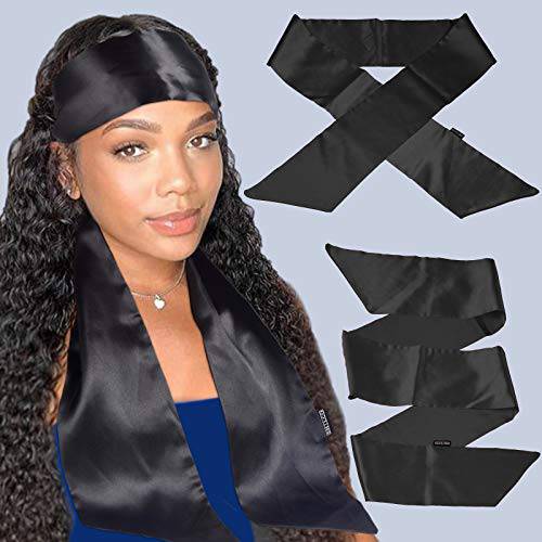 Bevisun 2Pcs Satin Edge Laying Scarf Scarves for Women’s Hair Laying Scarf for Lace Front Wig, Non Slip Hair Wrap Wigs Grip Band for Yoga, Makeup, Facial, Sport (BLACK2PCS)