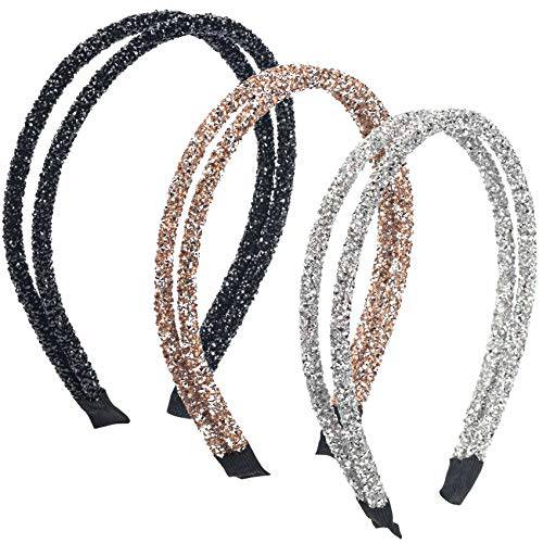 PAGOW 3pcs Double Crystal Side Hair Band, Rhinestone Diamond Vintage Turban Thin Hair Bands Hair Hoops Accessories for Women Girls (Black + Silver + Champagne )
