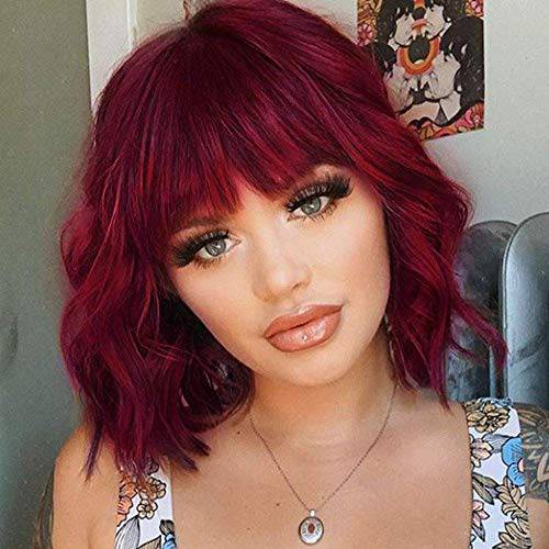 Flandi Short Red Wavy Bob Wig with Bangs for Women Shoulder Length Pastel Bob Style Synthetic Wigs with Air Bangs for White Women Curly Bob Wig Natural Looking Heat Resistant Wigs