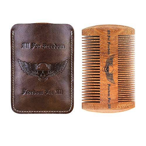 Beard Comb Kit with Real Leather Case Wooden Handmade Gifts for Men Skull Wings Design Gifts for Dad Mustache Comb for Beard Care & Grooming (Pack 1)